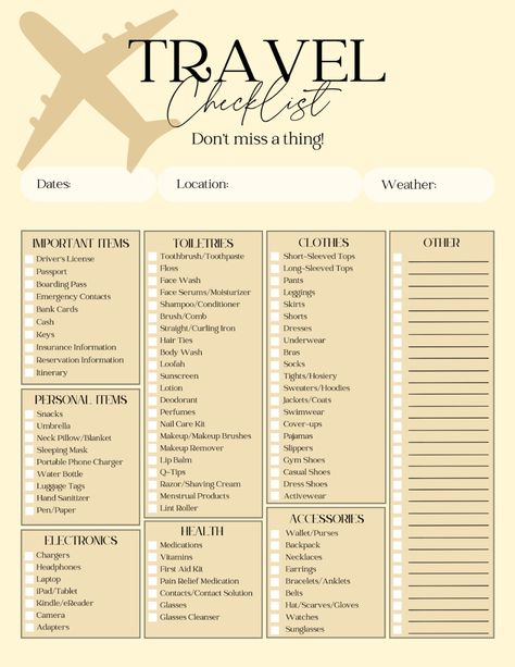 Travel packlist designed to help you make sure you don't forget anything! Includes a pre-populated and blank checklist. PDF download is both fillable and printable. Travel Checklist Printable, Blank Checklist, Tulum Vacation, Checklist Travel, Portable Phone Charger, Checklist Printable, Emergency Contact, Travel Checklist, Planner Templates