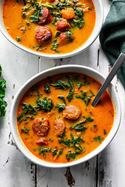 Spicy Sausage, Sweet Potato and Kale Soup {Paleo, Whole30} - Sweet Potato Kale Soup, Kale Sweet Potato Soup, Spicy Sausage Soup, Soup With Smoked Sausage, Potato Kale Soup, Paleo Sausage, Sausage Sweet Potato, Whole 30 Soup, Paleo Running Momma