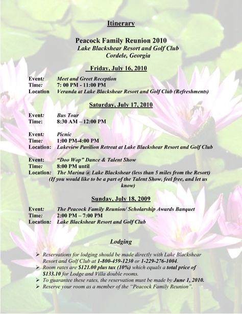 Editable Sample Family Reunion Program Templates Itinerary Peacock Family Reunion Agenda Template Word Family Reunion Banquet, Reunion Checklist, Peacock Family, Itinerary Template Free, Family Reunion Themes, Family Reunion Decorations, Family Reunion Activities, Family Reunion Favors, Booklet Layout