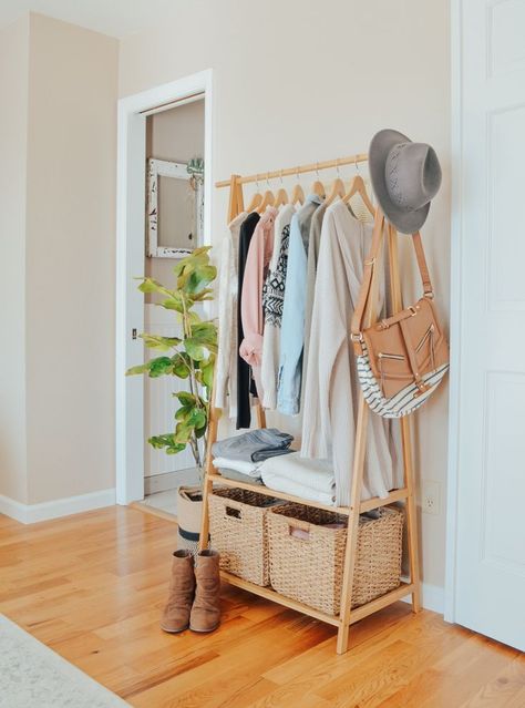 Clothing Rack Bedroom, Closet Aesthetic, Open Closet, Storage Closet, Small Closet, Wicker Decor, Bamboo Clothing, Rack Design, Clothing Storage