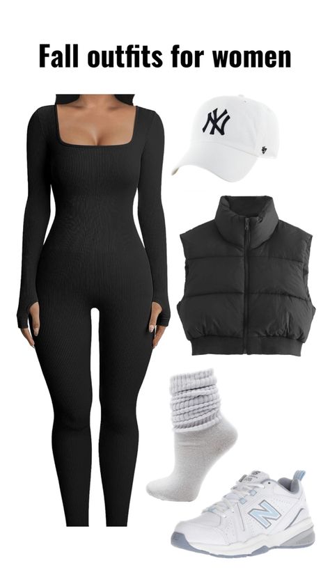 Jumpsuit And Vest Outfit, Outfit With Air Forces, Ballcap Outfit, Baseball Cap Outfit Winter, Baseball Cap Outfits For Women, Puffy Vest Outfit, Black Outfits For Women, Winter Bodysuit, Cap Outfits For Women