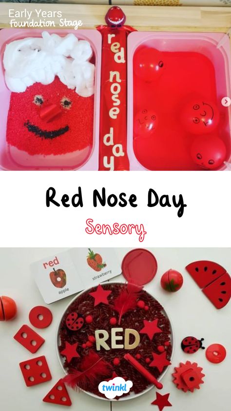 Celebrate on red nose day with these fun red sensory play ideas. For more red nose day activities click the pin. Thanks to @lets.play.laugh.and.learn @sensorywithsoraya Red Nose Day Tuff Tray Ideas, Red Nose Day Ideas, Red Nose Day Activities Preschool, Red Color Activity For Kids, Red Nose Day Activities For Toddlers, Red Nose Day Activities Eyfs, Red Preschool Activities, Red Activities For Preschool, Funny Face Paint Ideas