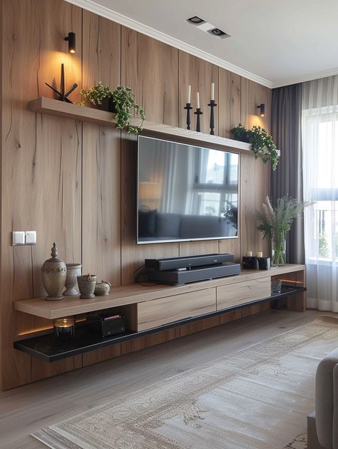 45 Aesthetic Ideas for Decorating Under & Around Your TV Tv Wall With Board And Batten, Wood Tv Walls, Wood Tv Wall Design, Tv Wall Collage, Panels Behind Tv, Tv Wall Decor Wood, Tv Wood Wall Ideas, Bedroom Media Wall Ideas, Wall Shelves Around Tv