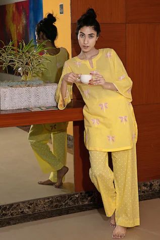 Block Print Kurta & Pant Set Short Kurta, Pant Set For Women, Pajama Pant, Kurta With Pants, Cotton Embroidery, Yellow Shorts, Comfort Wear, Print Pajamas, Celebrity Look