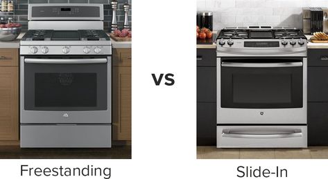 Something to think about in addition to the cooktop option. Slide-In vs. Freestanding - What's the Best Range for your Kitchen Freestanding Electric Range In Kitchen, Free Standing Stove Kitchen, Freestanding Stove Kitchen, Island Oven And Stove, Slide In Gas Ranges In Kitchen, Slide In Electric Range Kitchen, Slide In Stove Backsplash, Freestanding Oven In Kitchen, Slide In Range Backsplash Ideas