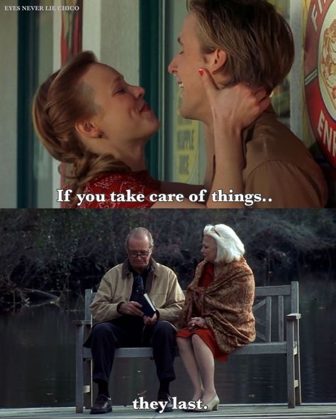 🌑🕸🌕⚔🍷🗝 on Instagram: ““If you take care of things, they last.” Ryan Gosling and Rachel McAdams in The Notebook directed by Nick Cassavetes 🎬” 365 Letters, Sophie Core, Ryan Gosling And Rachel Mcadams, Notebook Quotes, Romcom Movies, Rom Coms, Old Fashioned Love, The Notebook Quotes, Comfort Movies