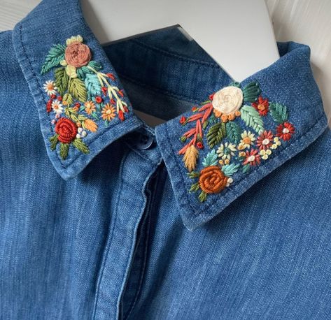 Denim Shirt Design, Hand Embroidered Collar, Embroidered Denim Shirt Outfit, Collar Shirt Embroidery, Button Down Shirt Embroidery, Shirts Embroidery Design, Embroidery On Collar Shirt, Denim Dress With Embroidery, Jeans Shirt Embroidery