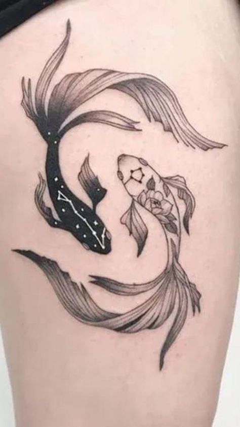 Fish Symbolism, Yin Yang Koi Fish, Unique Cross Tattoos, Fine Line Tattoo Ideas, Front Shoulder Tattoos, Yin Yang Koi, Ying Yang Tattoo, Arm Sleeve Tattoos For Women, Line Tattoo Ideas