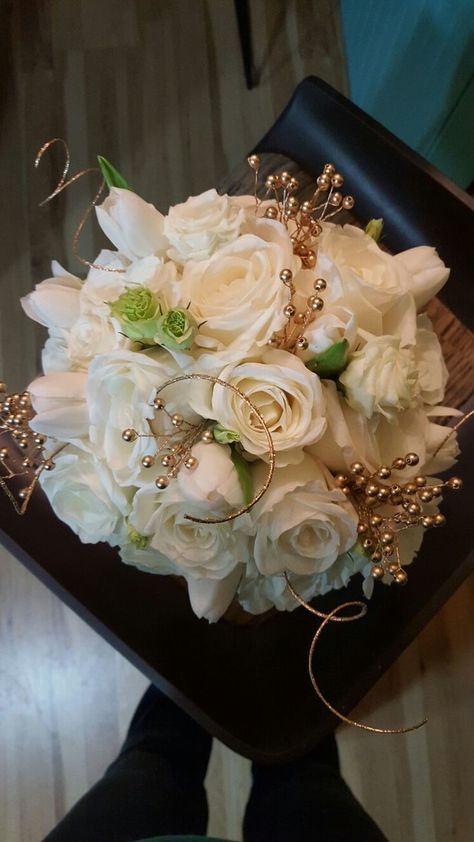 White And Gold Wedding Flowers Bridal Bouquets, Gold Prom Flowers Bouquet, White And Gold Flower Bouquet Prom, Gold Prom Dress Bouquet, Prom Bouquet For Gold Dress, White And Gold Prom Bouquet, Gold Dress Bouquet, Bridal Bouquet With Gold Accents, Prom Bouquet Gold Dress