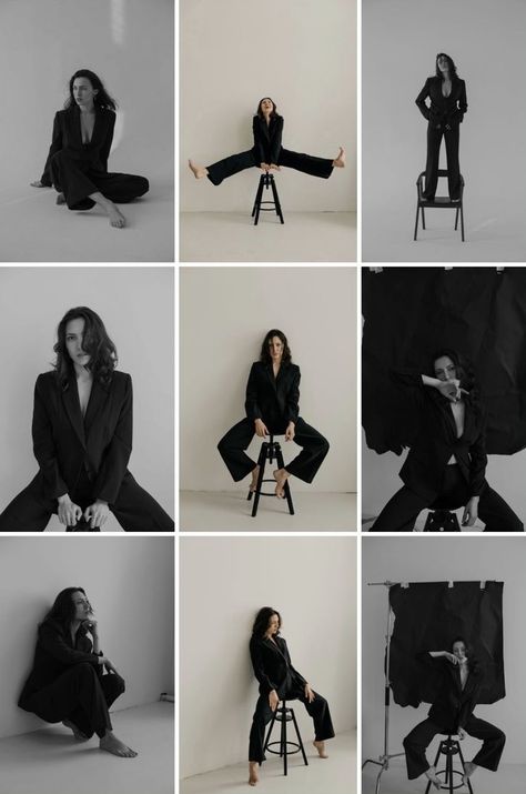 Creative Women Photography, Pose For Brand Photoshoot, Artistic Photo Shoot Ideas, Portrait Session Ideas, Studio Posing For Women, Fashion Brand Shoot Ideas, Self Portrait Flash Photography, Feel Good Photoshoot, All Black Suit For Women