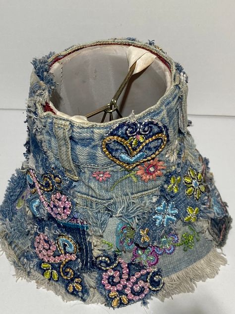 "Vintage retro colorful Denim jeans small clip on lampshade . Some discoloration inside shade . handmade 1980s girls room decor  8\" lampshade" Sew Denim, Sewing Denim, Memories Ideas, Lampshade Makeover, Basic Embroidery, Studded Shorts, Denim Inspiration, Denim Projects, Basic Embroidery Stitches