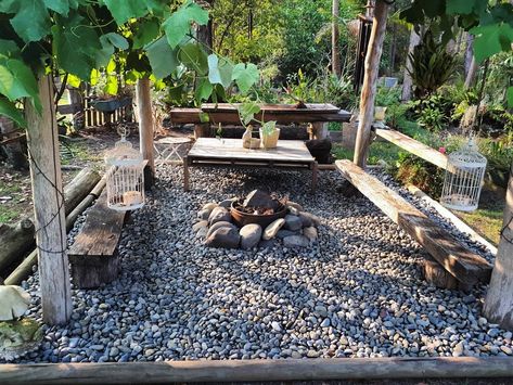 Rural Fire Pit, River Rock Sitting Area, Fire Pit Trellis, River Stone Fire Pit, River Rock Patio With Fire Pit, Railroad Tie Fire Pit Area, Forest Fire Pit, Fire Pit And Grill Area, Mulch Fire Pit Area