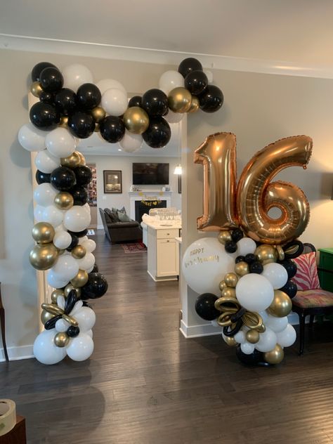 Black White And Gold Balloon Decor, White Black Gold Birthday Decor, Black And White And Gold Party Decorations, Gold Black White Balloon Garland, Black Gold Silver Birthday Party Ideas, Black And Gold Birthday Balloons, Black Gold And White Birthday Party, Black White Gold Birthday Party, Black White Gold Decorations Party