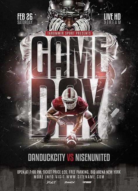 Game Day Football Flyer Sports Day Flyer, Game Day Graphics, Football Ads, Football Watch Party, Football Template, Sports Advertising, Sports Design Ideas, Game Day Football, College Football Games