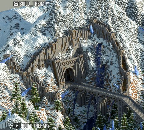 Dwarven Base Minecraft, Minecraft Mountain Castle Blueprints, Mountain Cave House Minecraft, Minecraft Building Ideas Mountain House, Extreme Minecraft Builds, Minecraft Mountain Entrance Ideas, Minecraft Valley Base, Minecraft Building Ideas Waterfall, Mountain Build Minecraft