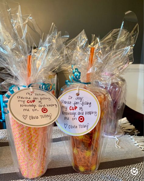 Teacher gifts, thank you gift, teacher appreciation Cup Teacher Appreciation Tag, Tumbler Cups Gifts Filled, Cup Hamper Ideas, Teacher Cup Gift Ideas, Teacher Appreciation Cup Tags, Teacher Gift Cup Ideas, Teacher Appreciation Gifts Target, Dollar Store Thank You Gifts, Teacher Tumbler Gift Ideas