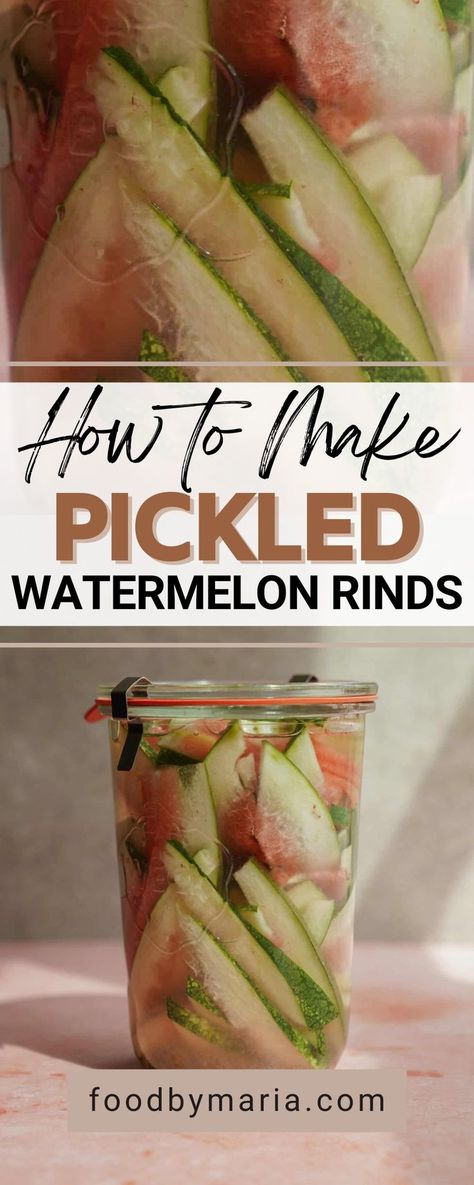 Learn how to make pickled watermelon rinds! Believe it or not, watermelon rinds are completely edible, and you can add them to salads and sandwiches or simply eat them on their own. By pickling watermelon rinds, you are eliminating food waste! This recipe also works great with jalapenos, carrots, cucumber, asparagus, peaches, etc How To Eat Watermelon Seeds, Watermelon Pickled Rinds, Pickling Watermelon Rind, Pickled Watermelon Rind Recipe Canning, How To Pickle Watermelon Rind, Pickles Watermelon Rind, Pickle Watermelon Rind, Watermelon Pickles Easy, Watermelon Skin Recipe