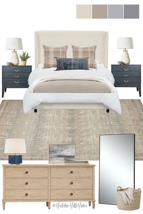 Lake house bedroom decor with navy blue and beige tones Navy Bedding Master, Navy Upholstered Bed Decor Ideas, Master Bedrooms Decor Modern Coastal, Bedroom With Navy Rug, Master Mood Board, Navy And White Master Bedrooms Decor, Navy And Beige Bedroom Ideas, Bedrooms With Beige Headboard, Beige Bedroom Moodboard