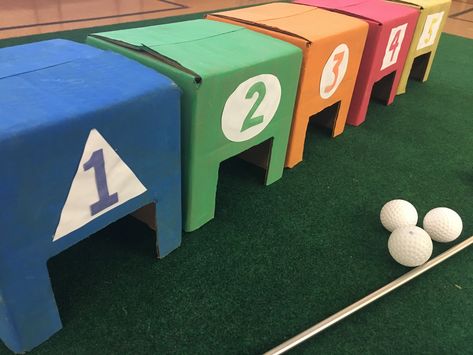 Golf Carnival Game, Mini Golf Holes Diy, Mini Golf Decorations, Diy Golf Game, Golf Activities For Preschool, Diy Mini Golf Course Ideas, Diy Mini Golf, Mini Golf Party, Golf Party Games