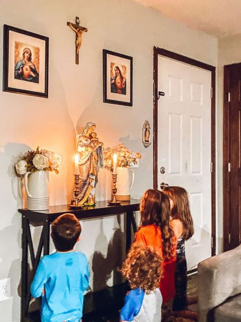 Catholic Altar In Home, Altar At Home Ideas, Virgin Mary Home Altar, Virgen Mary Altar At Home, Catholic Altar Table, Prayer Alter Ideas Home Altar Catholic, Catholic Bedroom Aesthetic, Catholic Prayer Room Ideas Decor, Family Altar Catholic Home