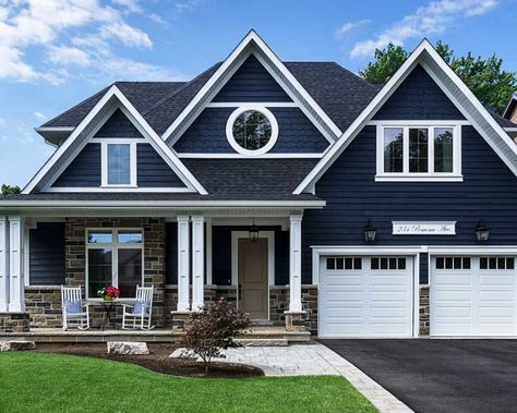 Front Door With Gray Siding, Navy Blue House Exterior White Trim, Navy Blue House Exterior, Blue House White Trim, Blue Siding House, Navy Blue Front Door, Navy House Exterior, Navy Blue Houses, Gray Siding