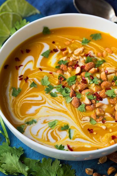 Spiral Veggies, Thai Butternut Squash Soup, November Recipes, Curried Butternut Squash, Broth Chicken, Chicken Carrots, Vegetarian Soups, Curried Butternut Squash Soup, Asian Dish