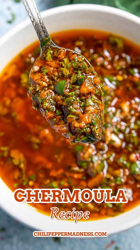 A spoonful of the delicious Chermoula. Marinade Sauces, Chermoula Recipe, Chermoula Sauce, Chimichurri Recipe, African Cooking, Hot Sauce Recipes, Homemade Condiments, Condiment Recipes, Moroccan Food