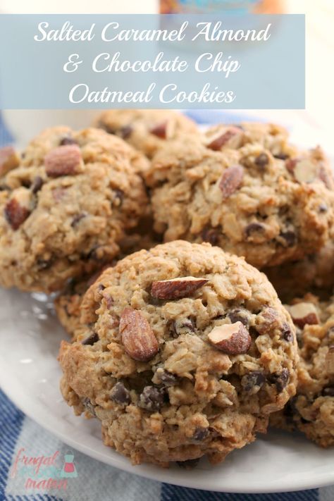 These soft & thick Salted Caramel Almond & Chocolate Chip Oatmeal Cookies are chock full of hearty oats, mini chocolate chips, and crunchy salted caramel almonds. The only thing that is missing is you and a glass of milk. #ad Fall Treats Recipes, Everything Cookies, Oatmeal Chocolate Chip Cookie Recipe, Chocolate Chip Oatmeal Cookies, Salted Caramel Cookies, Almond Chocolate, A Glass Of Milk, Best Baking Recipes, Berry Cake