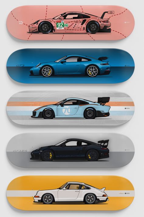 Skateboard skate deck with Porsche print as wall art Skate Decks On Wall, Skate Board Designs Ideas, Tattoos For Car Lovers, Skateboards Design Ideas, Skateboard Deck Wall Art, Skateboard Deck Design Ideas, Skateboard Design Ideas Art, Skateboard Art Draw, Painting Skateboards Ideas