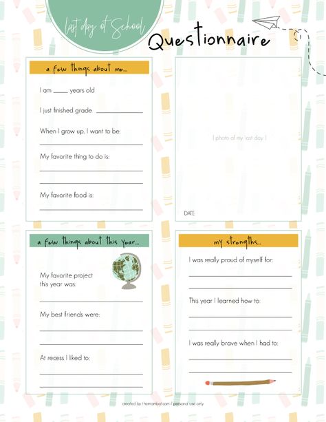 First Day Of School Questionnaire Free Printable, First Day Of School Interview Printable, Back To School Questionnaire, Last Day Of School Questionnaire, First Day Of School Questionnaire, School Questionnaire, First Day Of Highschool, Printable Signs Free, School Quiz