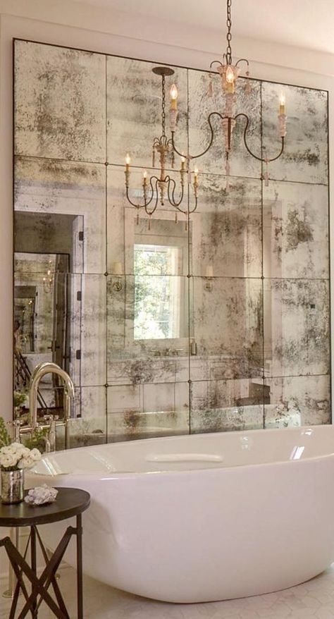 Apartment Bathroom Design, Antique Mirror Tiles, Antique Mirror Glass, French Country Bathroom, Antique Mirror Wall, Bathroom Furnishings, Mirrored Wall, Apartment Bathroom, Mirror Tiles