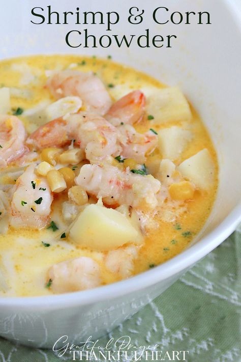 Make a pot of delicious shrimp and corn chowder with tender potatoes in a lovely, buttery broth.  It is an easy recipe and a great seafood soup. Shrimp And Corn Chowder, Shrimp Corn Chowder, Seafood Tacos, Shrimp Soup Recipes, Shrimp And Corn, Shrimp Chowder, Shrimp Corn, Seafood Soup Recipes, Chowder Recipes Seafood