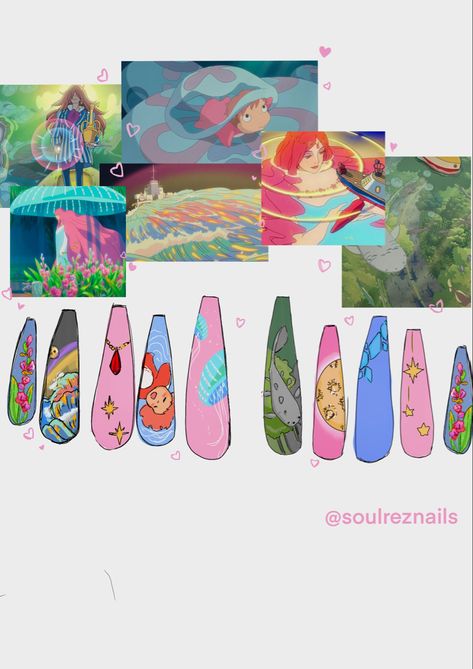 Hayao Miyazaki Nail Art, Studio Ghibli Nails Acrylic, Ponyo Inspired Nails, Studio Ghibli Nail Designs, Ghibli Studio Nails, Ghibli Nail Designs, Darling In The Franxx Nails, Ghibli Inspired Nails, Studio Ghibli Inspired Nails