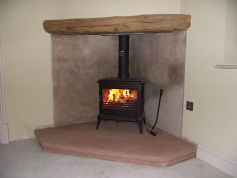 Corner Log Burner, Corner Wood Stove, Beautiful Dining Room Decor, Wood Stove Surround, Corner Fireplace Decor, Corner Fireplace Living Room, Woodburning Stove Fireplace, Corner Stove, Wood Burner Fireplace