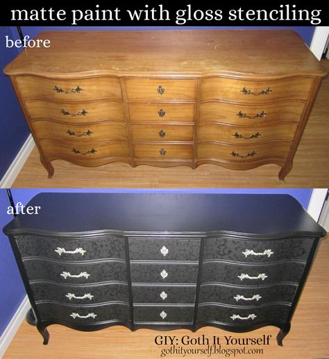 GIY: Goth It Yourself: Black Matte with Black Gloss Stenciling on Dresser Boack Dresser, Gothic Dresser Decor, Diy Goth Furniture Makeover, Diy Goth Dresser Makeover, Goth Dresser Diy, Gothic Dresser Makeover, Gothic Dresser Diy, Goth Furniture, Goth It Yourself