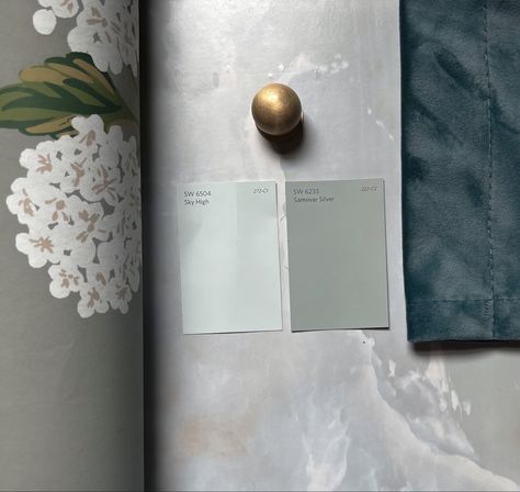 Marble background, brass knob, gray floral wallpaper, and blue velvet curtain mood board Sky High Sherwin Williams, Sherwin Williams Samovar Silver, Sherwin Williams Sky High, Samovar Silver Sherwin Williams, Samovar Silver, Olive Paint, 27 Wallpaper, Bedroom Moodboard, Paint Color Guide