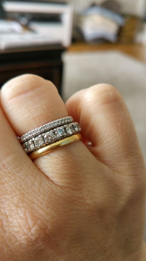 Gold And White Gold Rings Together, Plain Gold Wedding Band With Engagement Ring, Eternity Band With Plain Band, Gold Diamond Stacking Rings, Classic Ring Stack, Gold Wedding Band Stack Ideas, Gold Band Stack, Plain Gold Engagement Ring, Mixed Metal Stacked Wedding Rings