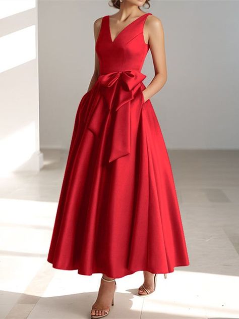 A-Line/Princess V-Neck Ankle-Length Mother of the Bride Dresses with Pockets A Line Dress Outfit, Red Dress Outfit Wedding, Kentucky Derby Wedding, Cocktail Dress Elegant, Cheap Cocktail Dresses, Cocktail Dresses Online, A Line Cocktail Dress, Dresses With Pockets, A Line Evening Dress