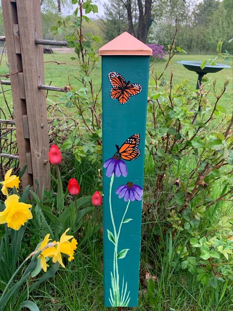 Hand painted decorative garden post for my mom on Mother’s Day. Each side has a different painting. Copper fence topper. Painted Fence Posts, Painted Mailbox Post, Painted 4x4 Posts, Garden Posts Decorative, Community Sculpture, Painted Logs, Painted Posts, Post Decor, Peace Poles