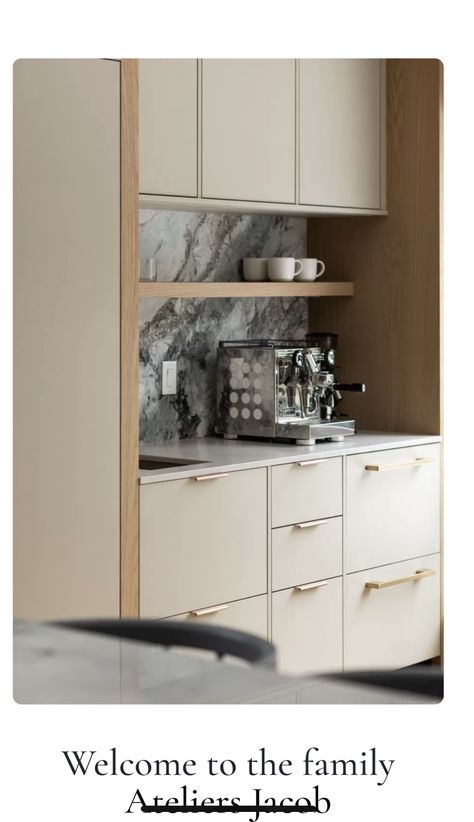 Beach House Cabinets, Wall Of Cabinets Kitchen, Pantry Cabinet Design, Coffee Nook In Kitchen, Nook Coffee Bar, Kitchen With Walk In Pantry, Coffee Pantry, Muji Interior Design, Neutral Kitchens