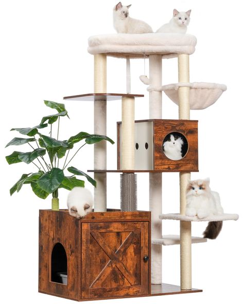 PRICES MAY VARY. Not just wooden cat tree but cat litter box enclosure：The top large cat platform is enough for large cats/adult cats. Meantime this cat tree provide cat condo with washable soft cushion and deep basket for multicat family. Hidden litter box furniture on the bottom is carefully designed a reversible entrance that can be on the left or right side. Fantastic cat play garden：This garden style cat tree is thoughtful for cats- green "lawn", tall leafy trees, and hair rubbers that can Cat Tower Litter Box Combo, Modern Cat House, Cat Platform, Modern Cat Tower, Hidden Litter Boxes, Wooden Cat Tree, Cat Litter Box Enclosure, Play Garden, Cats Stuff