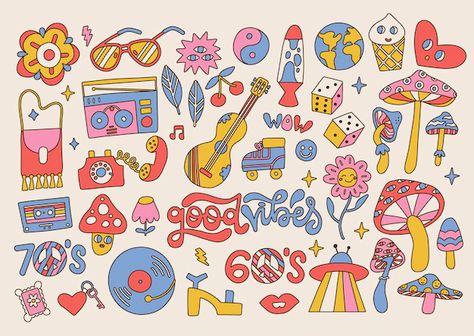 Hippy Stickers, Groovy Elements, Hippie Symbols, Positive Symbols, Vintage Aesthetic Retro, Heart Radio, Retro Vector Illustration, Retro Quotes, Computer Wallpaper Desktop Wallpapers