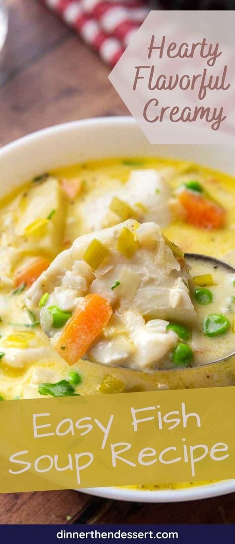 Fish Soup is an easy comforting soup recipe that you can make in just 30 minutes with cod, potatoes, peas, leeks, and creamy seafood broth. Fish Recipes Soup, Fish Bisque Soup Recipes, Creamy Fish Soup Recipe, Easy Seafood Soup, Fish And Potato Soup, Creamy Fish Soup, Cod Fish Soup Recipes, White Fish Soup Recipe, Norwegian Fish Soup