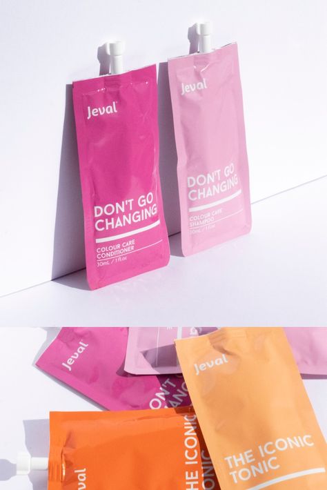 Jeval haircare sample packaging design Hair Product Packaging Ideas, Monochromatic Packaging Design, Skincare Sample Packaging, Haircare Packaging Design, Shampoo Design Packaging, Sample Packaging Ideas, Collagen Packaging Design, Skincare Packaging Ideas, Sachet Packaging Design