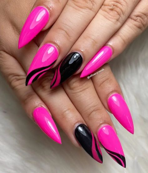 Black And Neon Pink Nails, Black Nail Trends, Pink And Black Nail Art, Pink And Black Nail Designs, Pink Black Nails, Purple Nail Art Designs, Blue And Silver Nails, Bright Pink Nails, Funky Nail Art