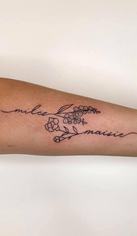 Tattoo Ideas For Women With Sons, Simple Tattoos For Daughter, Tattoo Of Childrens Names For Women, Birth Flower Tattoo On Forearm, Tattoo Sleeves With Words, Name Floral Tattoo, Tattoo Idea For My Son, Narcissus Flower Tattoo With Name, Daughter Son Tattoos For Mom