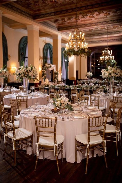 Wedding Reception Chairs Decorations, Wedding Neutral Decor, Gold Chair Wedding Reception, Gold Wedding Chairs Receptions, Gold Chiavari Chairs Wedding Receptions, Gold Chivari Chairs Wedding Ceremony, Gold And White Reception Decor, Wedding Reception Venues Indoor Elegant, Gold Chivari Chair Wedding