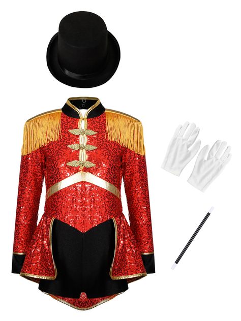 PRICES MAY VARY. Made of high quality polyester and spandx, soft and comfortable to wear, no irritation to skin 4 pieces circus roleplay costume for girls, shiny sequins makes them more eye-catching on the stage Designed with stand collar, long sleeve, cutout at back, fringe epaulet, traditional buttons and gold trim Magician hat, gloves and wand pro are classic matching accessories, which add more fun and make kids more formal Perfect for circus ringmaster/magician/lion tamer roleplay, drum ban Magician Costume, Circus Ringmaster, Ringmaster Costume, Gloves Outfit, Toddler Fancy Dress, Marching Band Uniforms, Circus Outfits, Lion Tamer, Leotard Dress