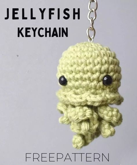 Free Crochet Jellyfish Keychain Pattern Tiny Keychain Crochet Pattern, Crochet Jellyfish Keychain Free Pattern, Small Crochet Jellyfish Free Pattern, Mini Jellyfish Crochet Pattern Free, Crochet Keychain Pattern Free Key Rings, Crochet Patterns Keychain, Crochet Keychains Patterns Free, Free Crochet Keychain Patterns, Crochet Jellyfish Free Pattern