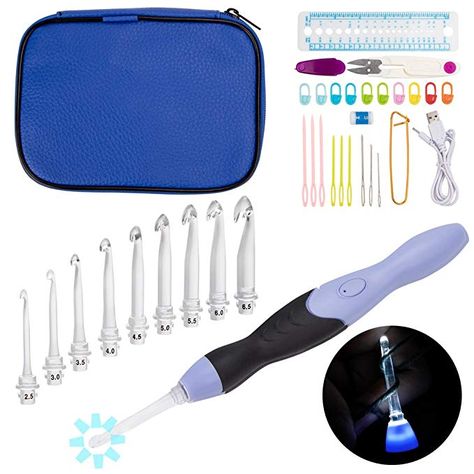 BCMRUN Lighted Crochet Hooks Complete Set Rechargeable, 9 PCS LED Crochet Hook Set,Crochet Hooks with lights for Arthritic Hands Size 2.5mm To 6.5mm (E,G,7,H,I,J,K) with Case Blue Light Up Crochet Hooks, Crochet Hook Handles, Arthritic Hands, Cross Stitch Crochet, Crochet Supplies, Crochet Hook Set, Knitting Gauge, Knitting Tools, Crochet Needles